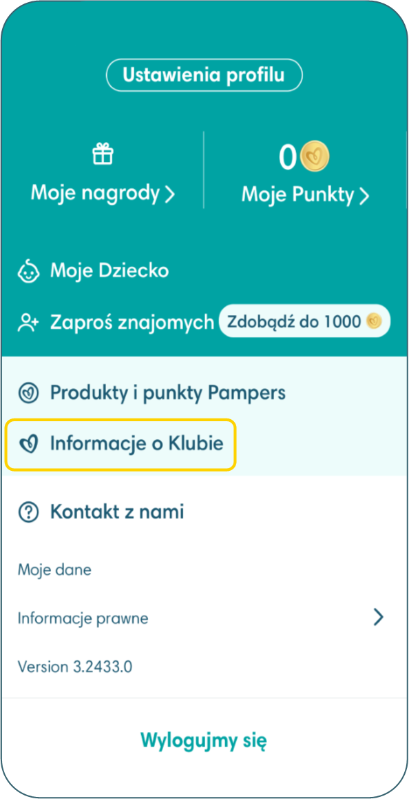 sekcja informacje o klubie w aplikacji pampers
