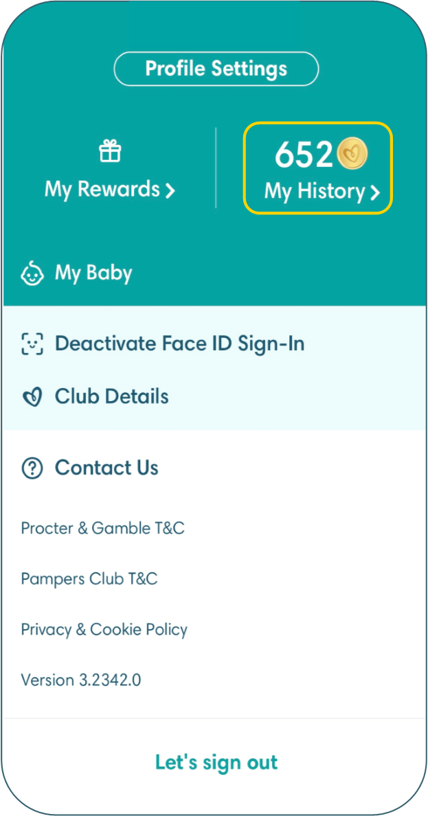 pampers club mobile screen with my history information